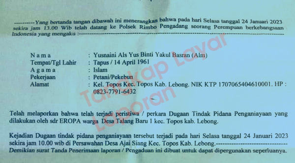 Dilaporkan ke Polisi Oleh Kerabatnya, Begini Penjelasan Pejabat UPT Lebong Tangkap Layar laporan Polisi