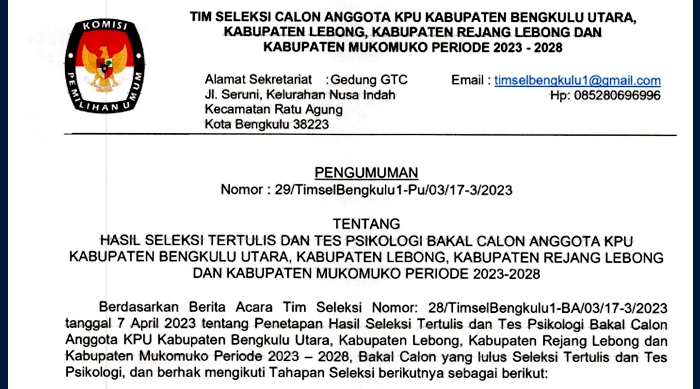 Berikut Ini Daftar Nama 20 Besar Calon Anggota KPU BU, Lebong, RL dan Mukomuko Pengumuman Tmsel Calon Anggota KPU